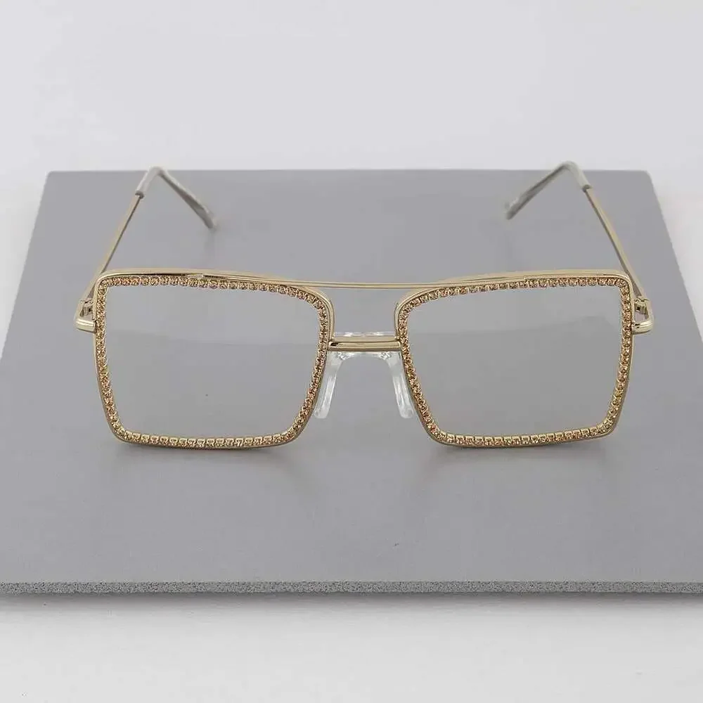 Rhinestone Rectangle Aviator Clear Transparent Fashion Blue Light Glasses